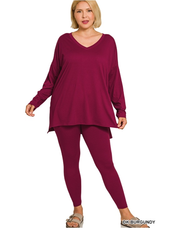 Zenana Outfitters Pants - New!Plus Size Long Sleeve Lounge Top & Legging Set - DK Burgundy Size 1X